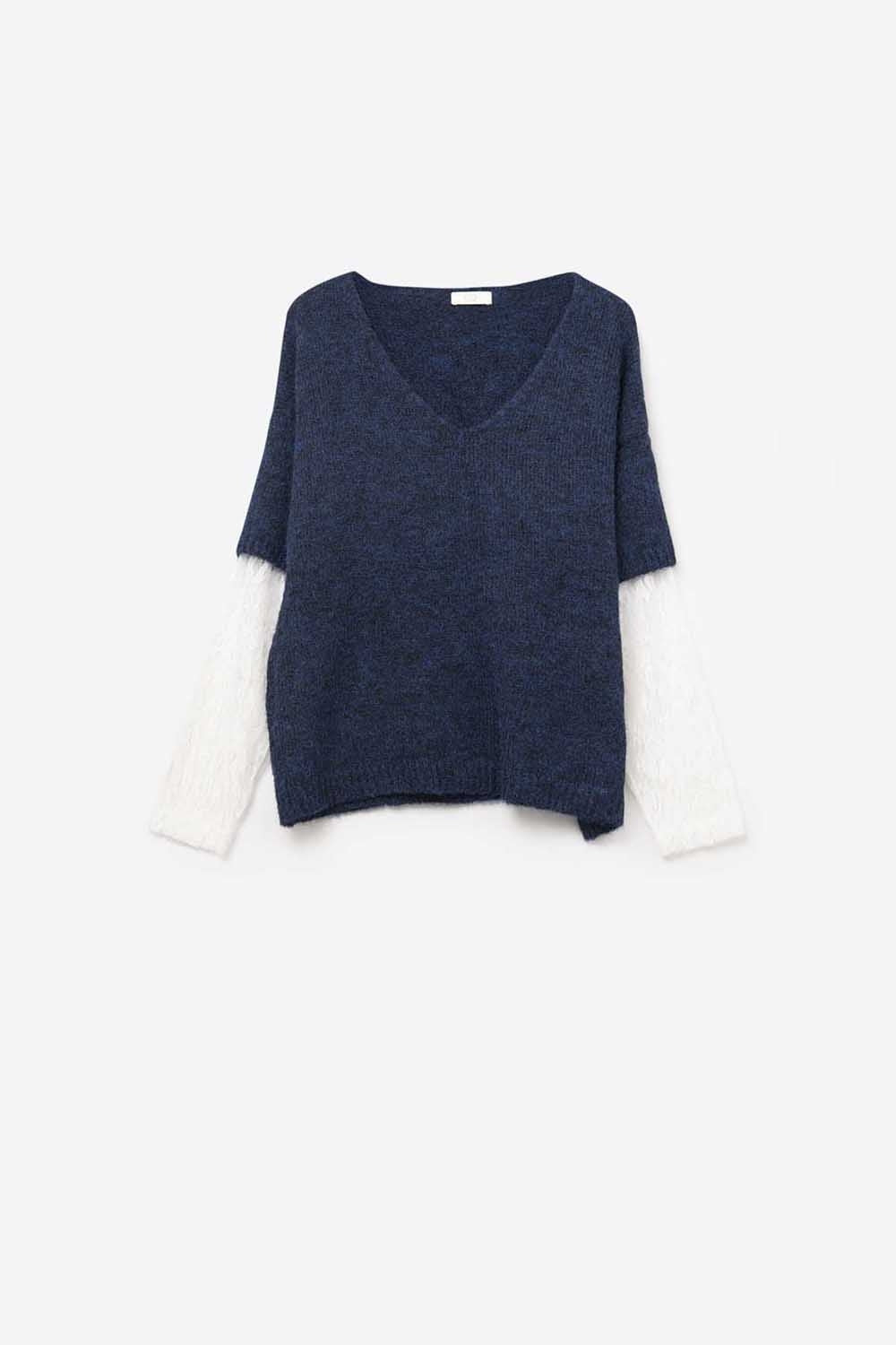 Navy Contrast V-Neck Sweater with Contrasting White lace Sleeves - Sweaters