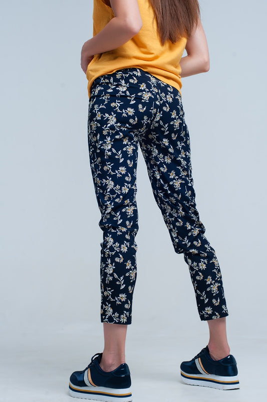 Navy floral pants with a belt - Trousers