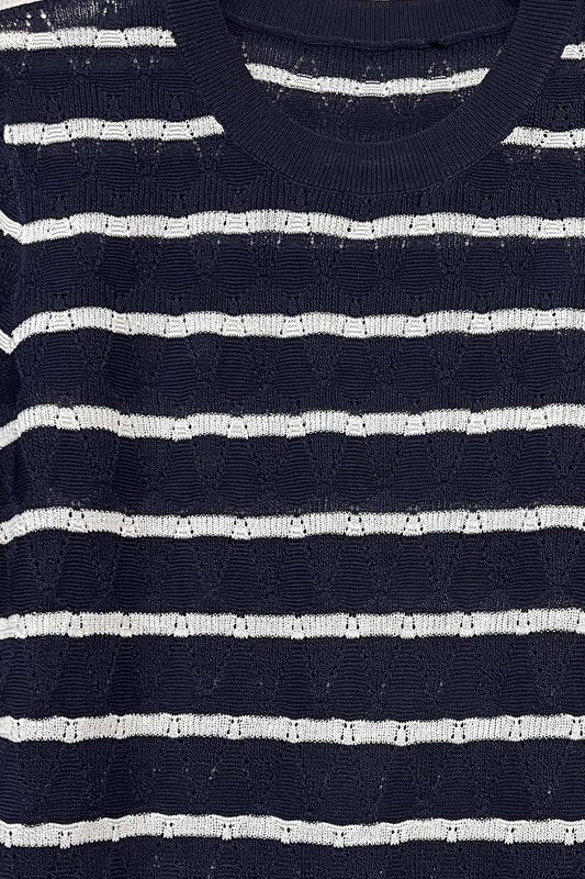 Navy Openwork knit sweater with Short Sleeves and white Stripes - Jumpers