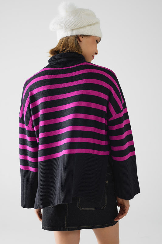 Navy oversized trutleneck sweater with fuchsia stripes and splits on the side - Jumpers