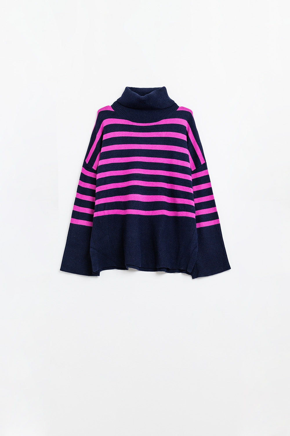 Navy oversized trutleneck sweater with fuchsia stripes and splits on the side - Jumpers