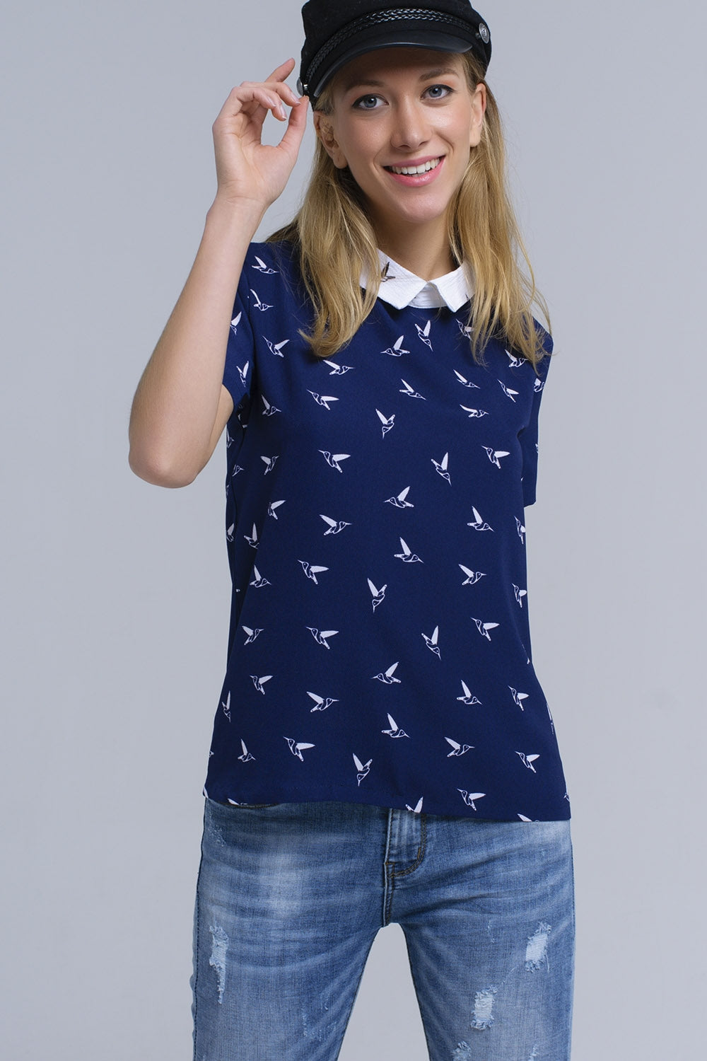 Navy shirt with printed birds - Shirts