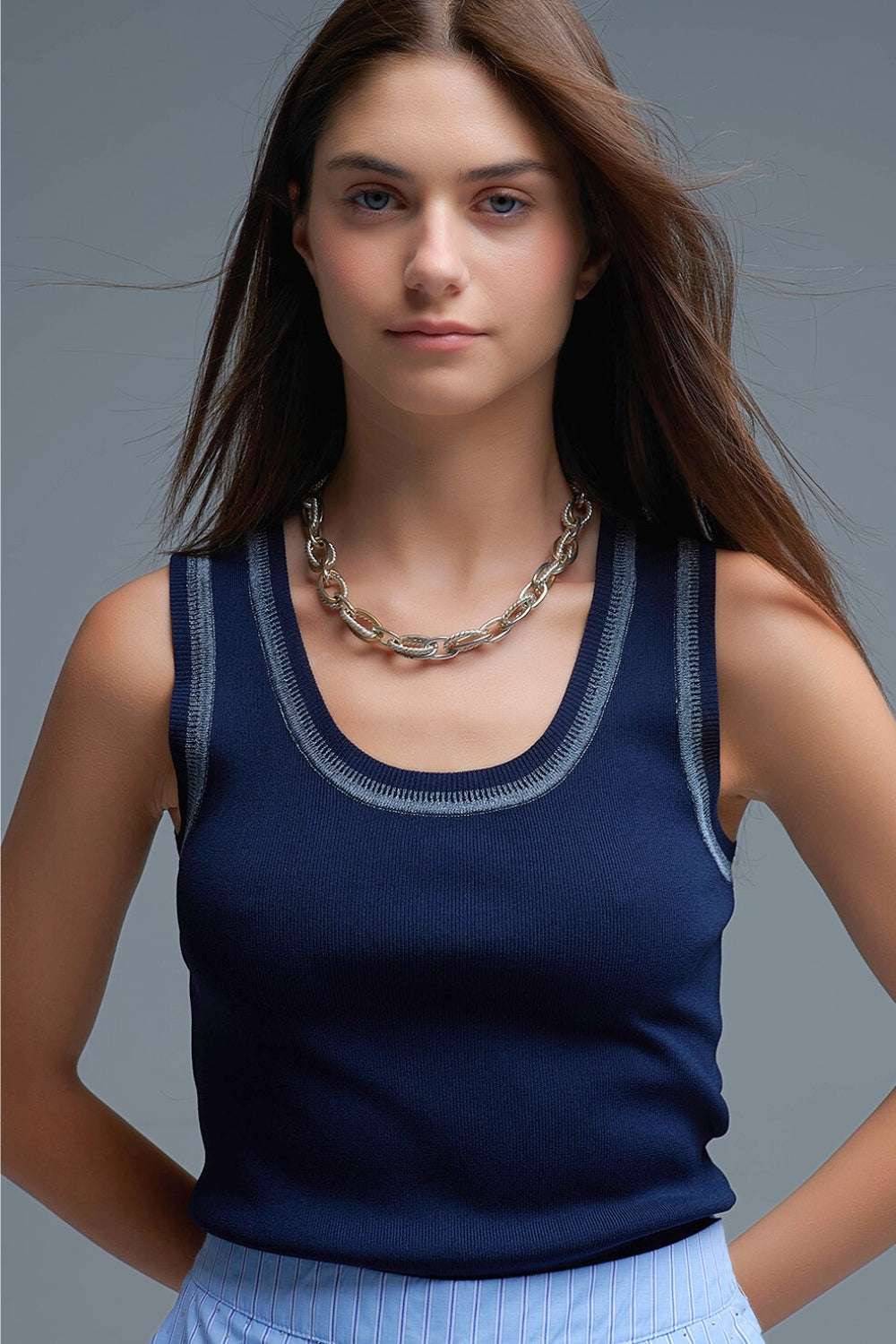 Navy Sleeveless Knit Top with Metallic Trim - Tops