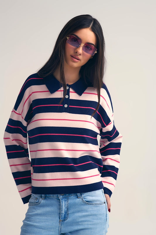 Navy Striped Knit Polo Sweater with Buttoned Collar - Sweaters