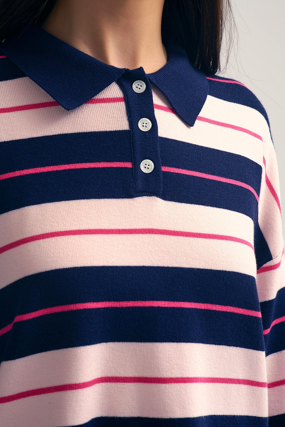 Navy Striped Knit Polo Sweater with Buttoned Collar - Sweaters