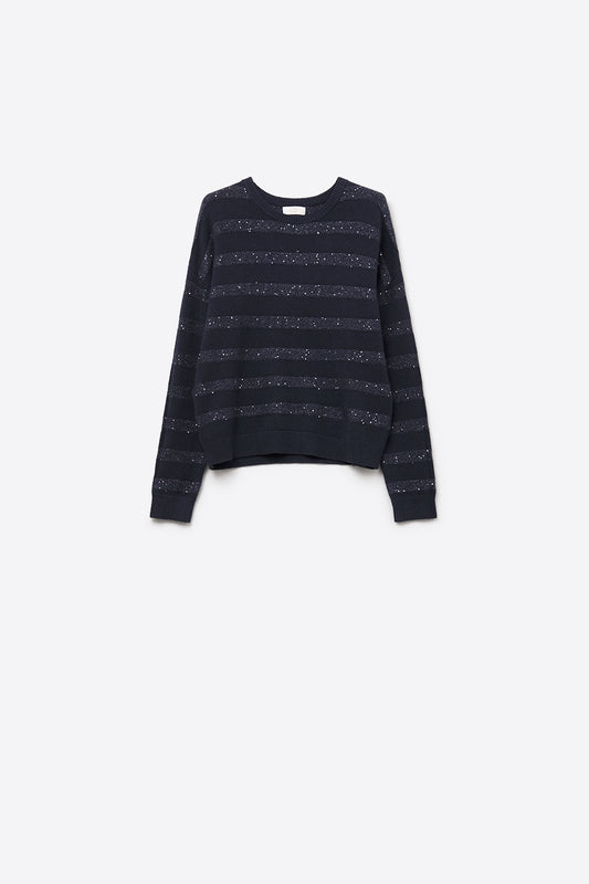 navy Striped Knit Sweater with Sequin Detail - Sweaters