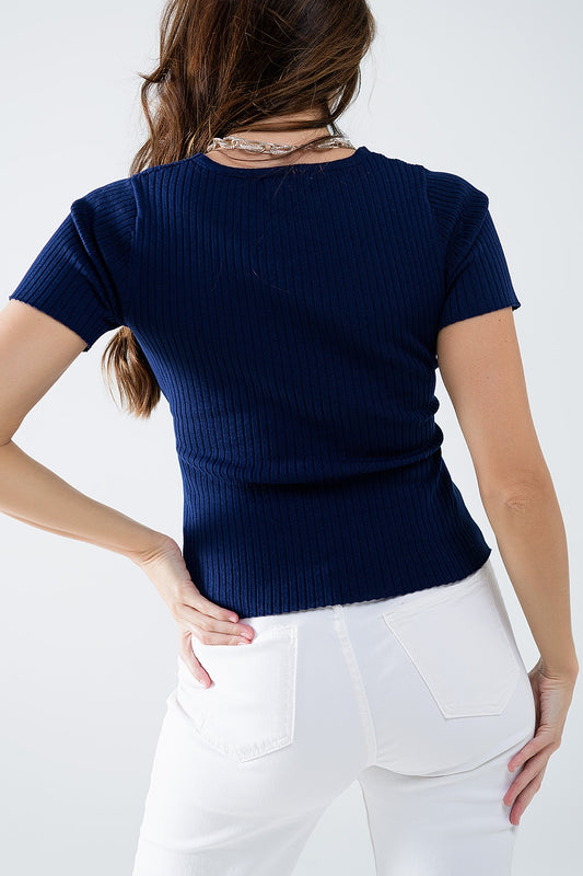 Navy sweater with crossed front and V-neck - Jumpers