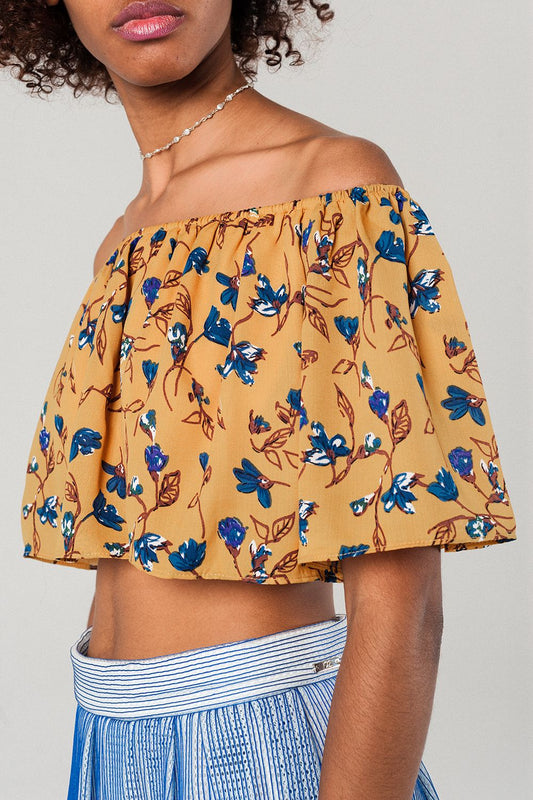 Off shoulder floral crop top in mustard - Crop Tops