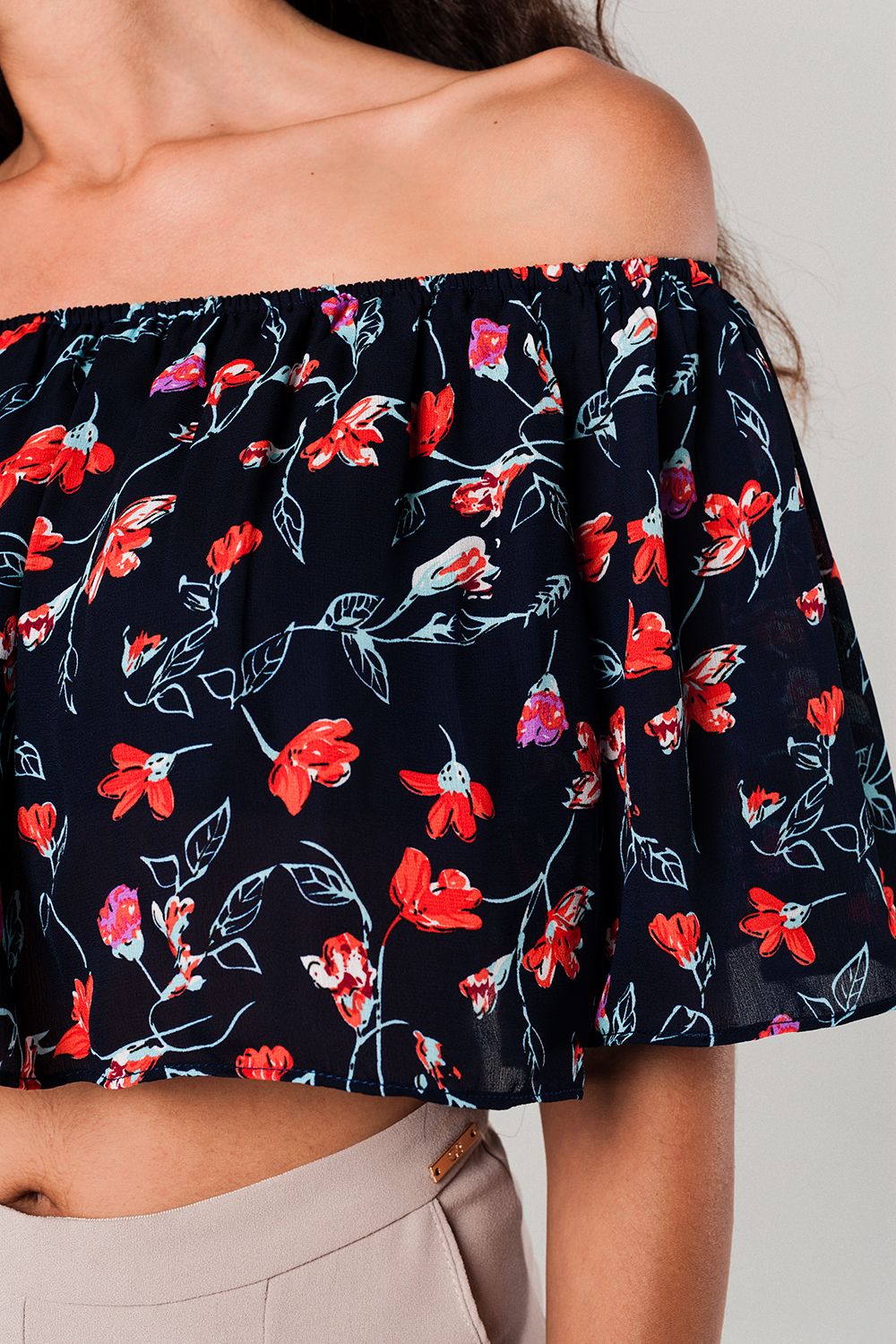 Off shoulder floral crop top in navy - Crop Tops