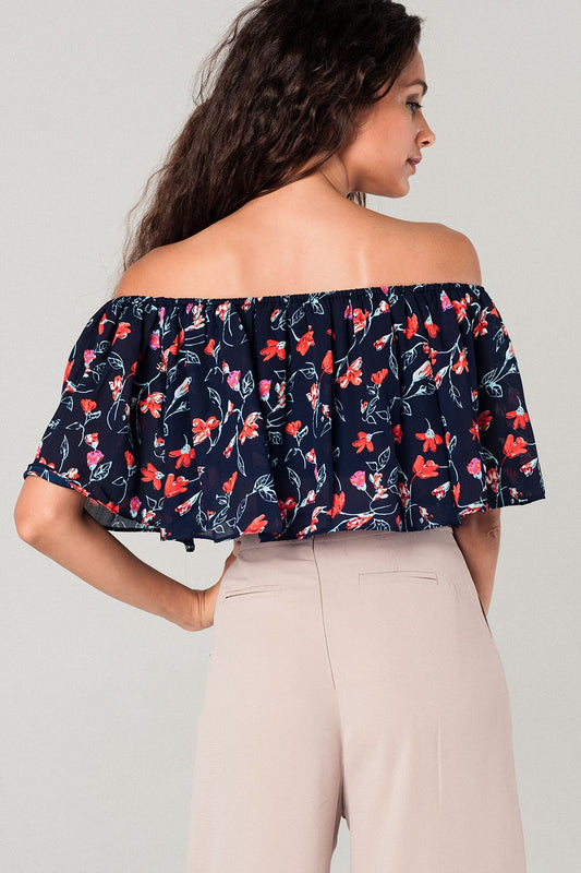 Off shoulder floral crop top in navy - Crop Tops