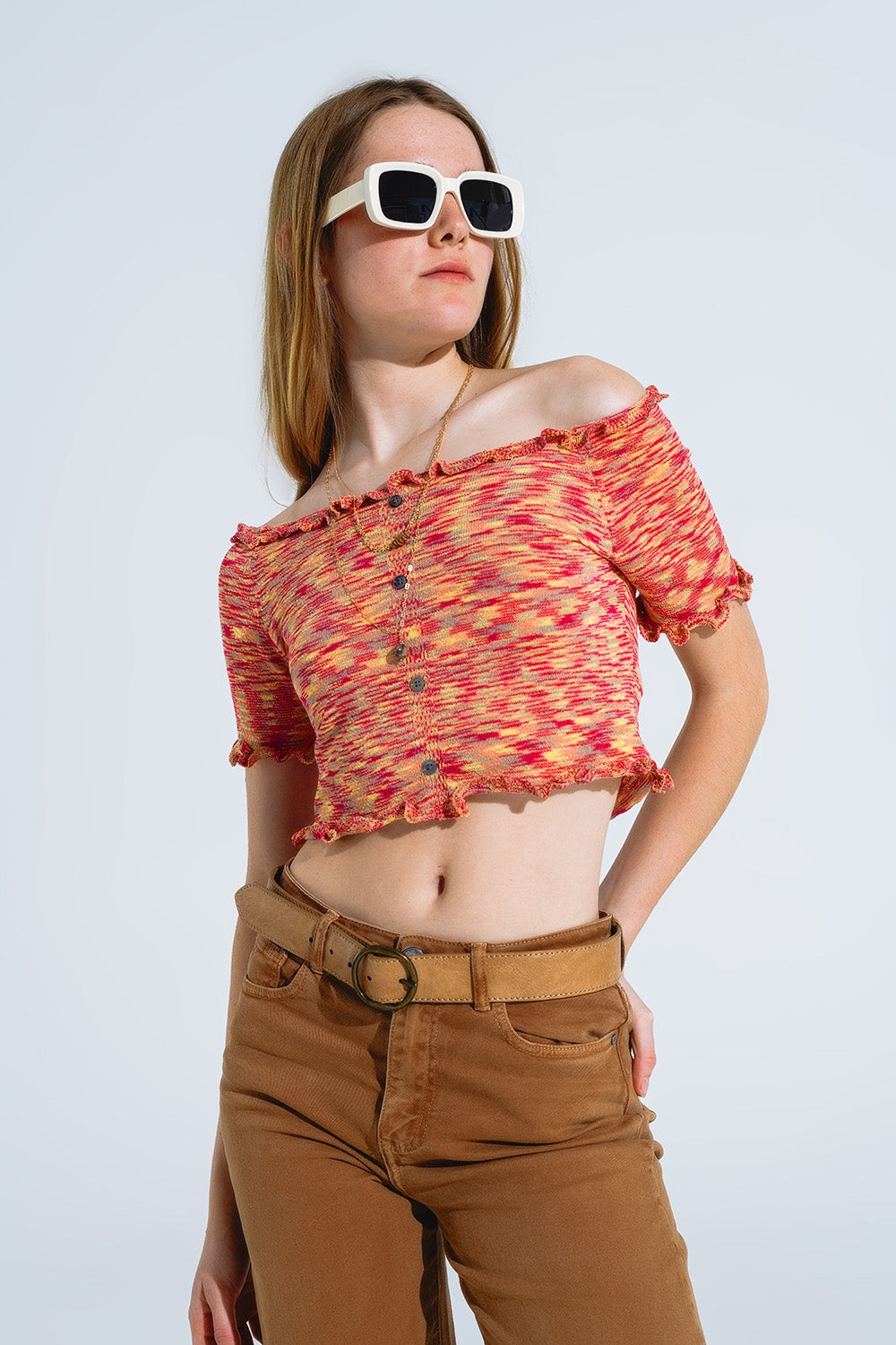 Off The Shoulder Cropped Knitted Top in Rust Melange - Jumpers