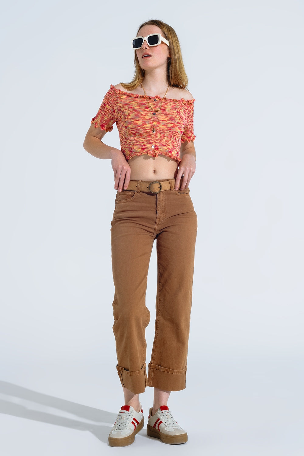 Off The Shoulder Cropped Knitted Top in Rust Melange - Jumpers