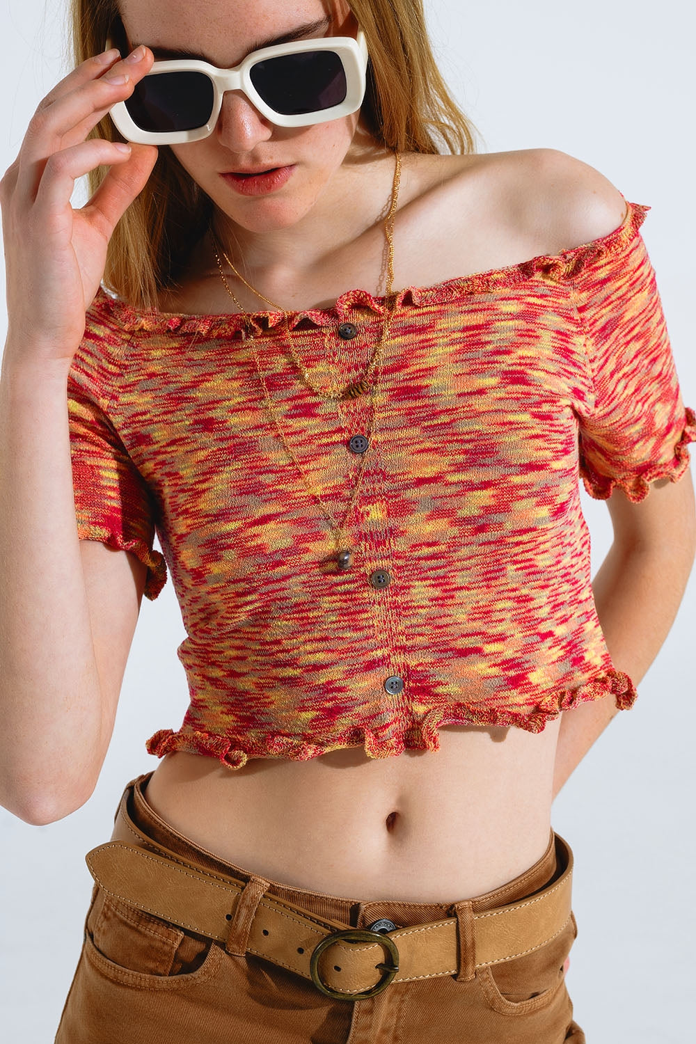 Off The Shoulder Cropped Knitted Top in Rust Melange - Jumpers
