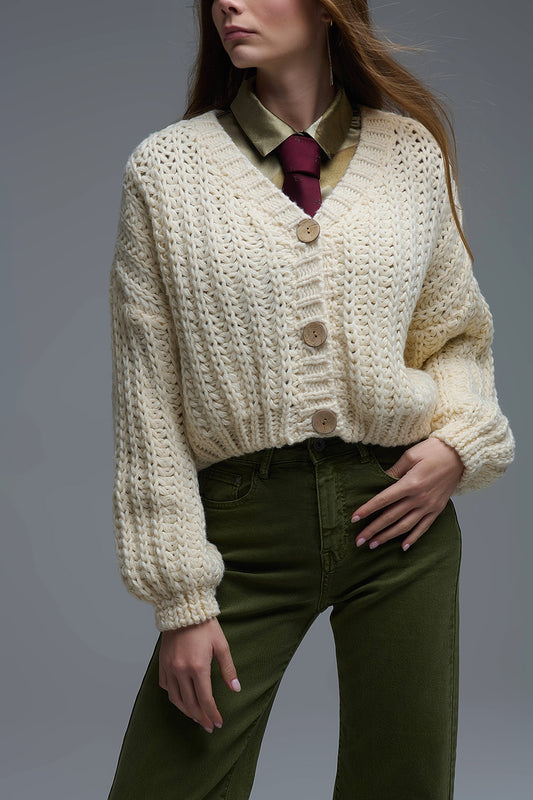 Open Knit Chunky Cardigan In beige - Coats and Jackets