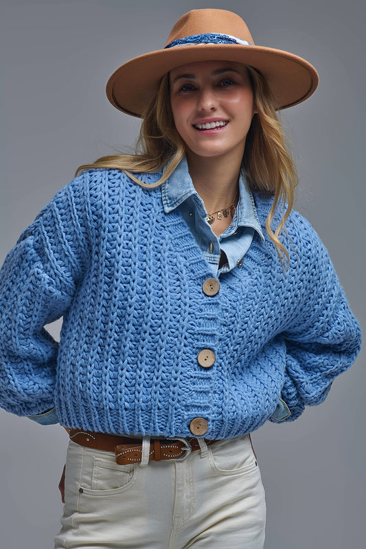 Open Knit Chunky Cardigan In blue - Coats and Jackets