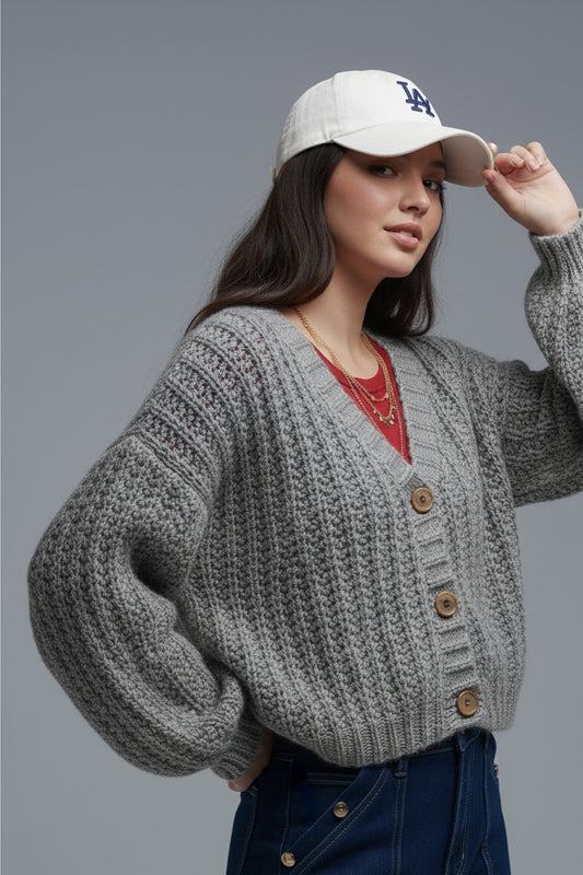 Open Knit Chunky Cardigan In grey with buttons - Coats and Jackets