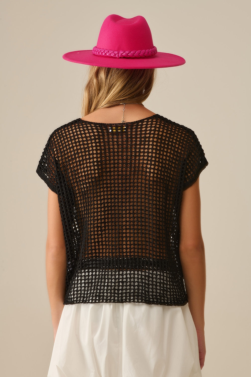 Open Knit Crochet dropped Sleeved Top in black - Jumpers