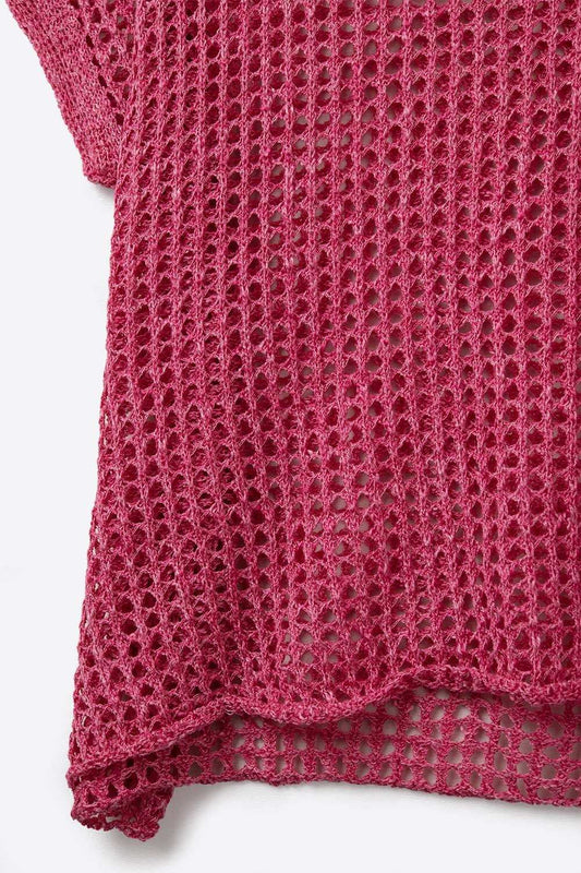 Open Knit Crochet dropped Sleeved Top in Fuschia - Sweaters