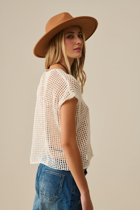 Open Knit Crochet dropped Sleeved Top in white - Jumpers