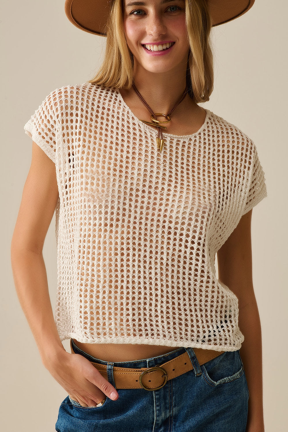 Open Knit Crochet dropped Sleeved Top in white - Jumpers