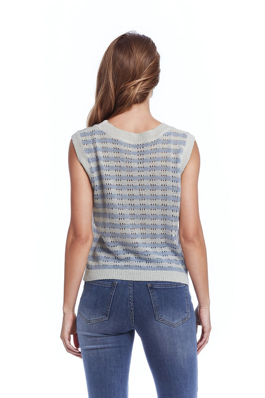 Open Knit Cropped Striped Sleeveless sweater in Blue and White - Jumpers