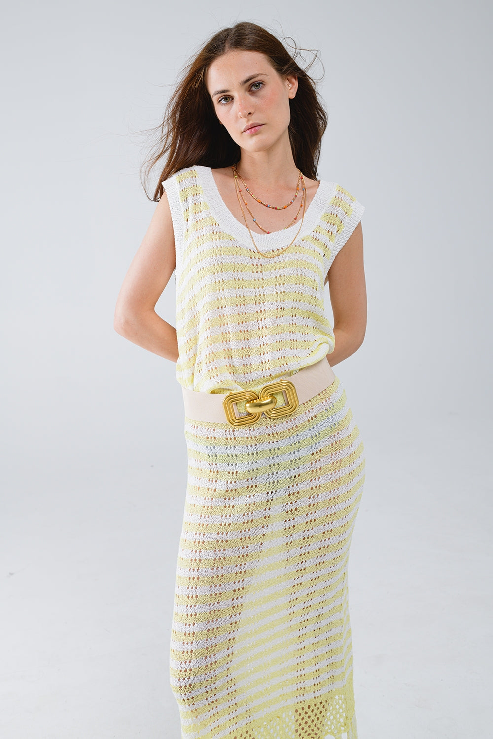 Open Knit Cropped Striped Sleeveless sweater in Yellow and White - Jumpers