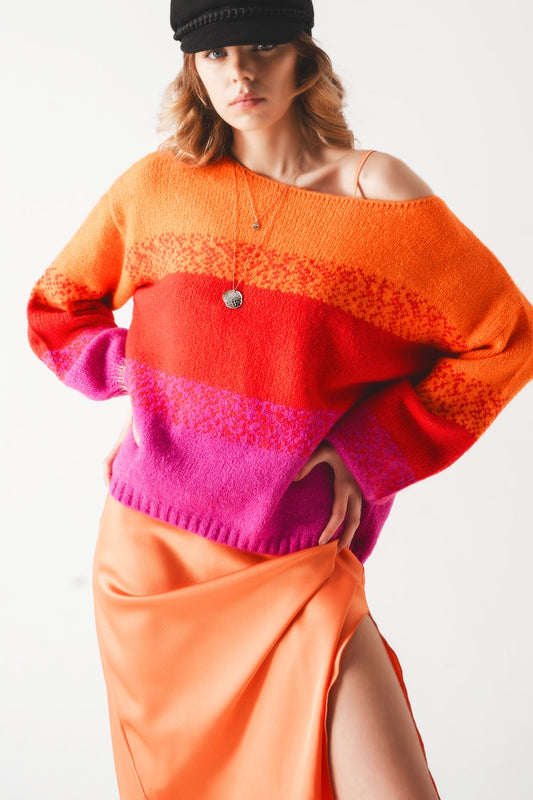 Orange knitted sweater with mélange stripes - Jumpers