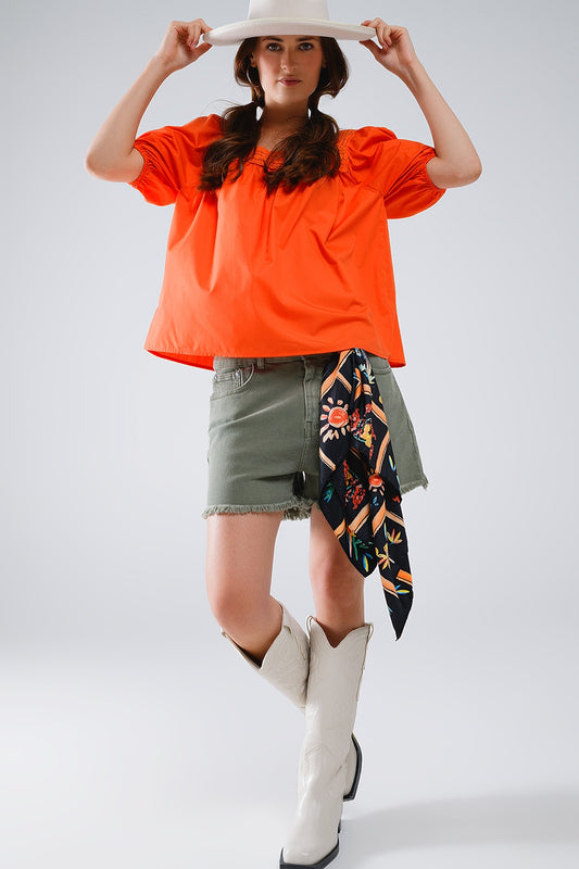 Orange Top With Square Neckline And Short Sleeves - Tops