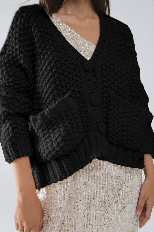 Oversized black chunky knit jacket with pockets - Cardigans
