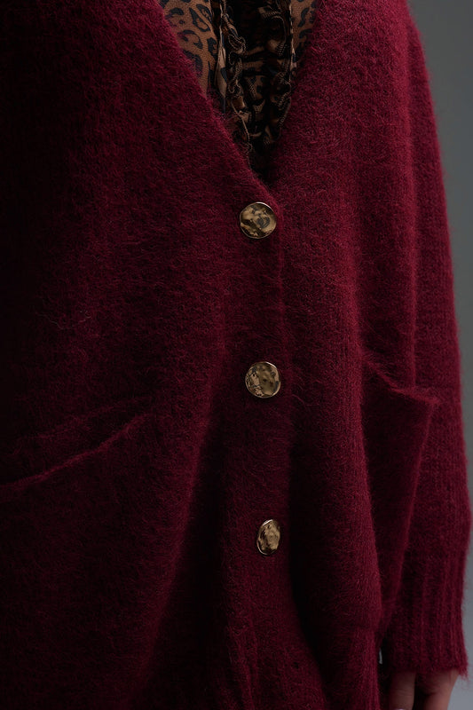 Oversized Cardigan in burgundy with gold buttons and pockets - Sweaters