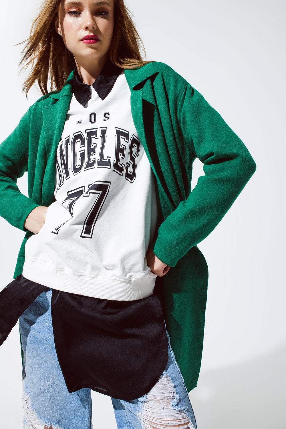 Oversized collar maxi cardigan in green - Cardigans