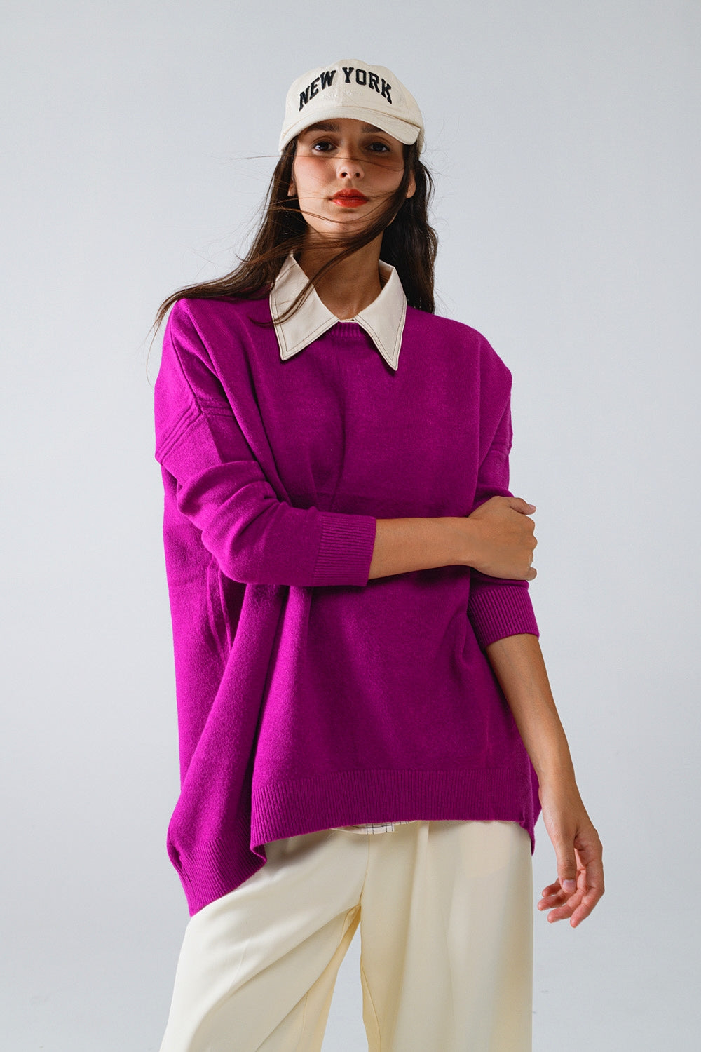 Oversized Crew Neck Long Sleeve Sweater in Fuchsia - Sweaters