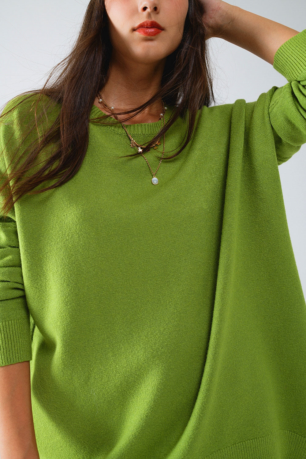 Oversized Crew Neck Long Sleeve Sweater in Olive Green - Jumpers
