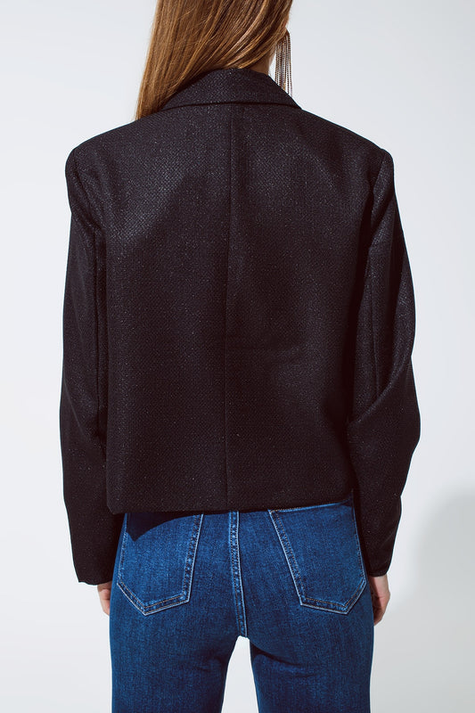 Oversized Cropped Blazer Vichy Design And Metallic Details In Black - Blazers