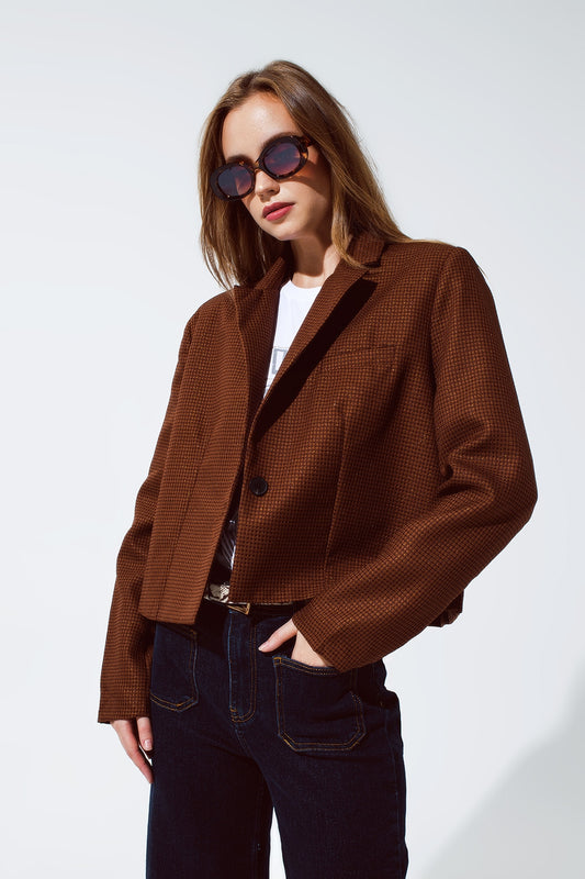 Oversized Cropped Blazer Vichy Design And Metallic Details In Brown - Blazers