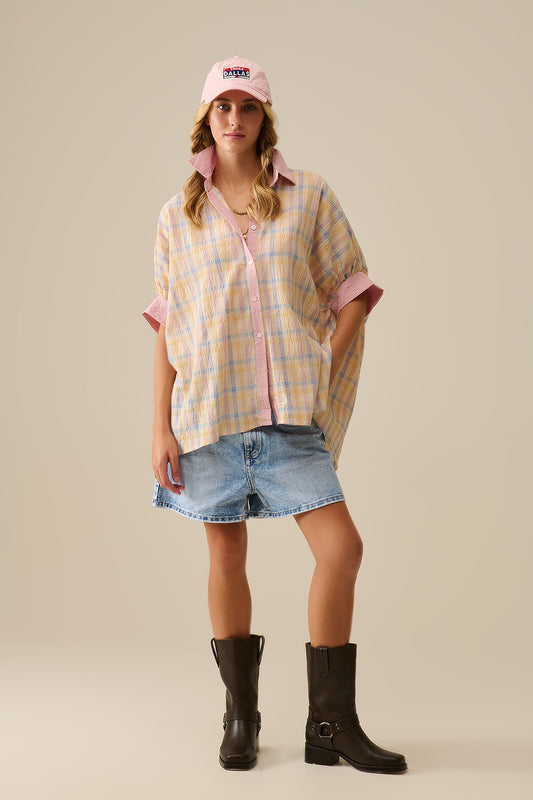 Oversized Flowy Blouse with Checked Contrast - Blouses