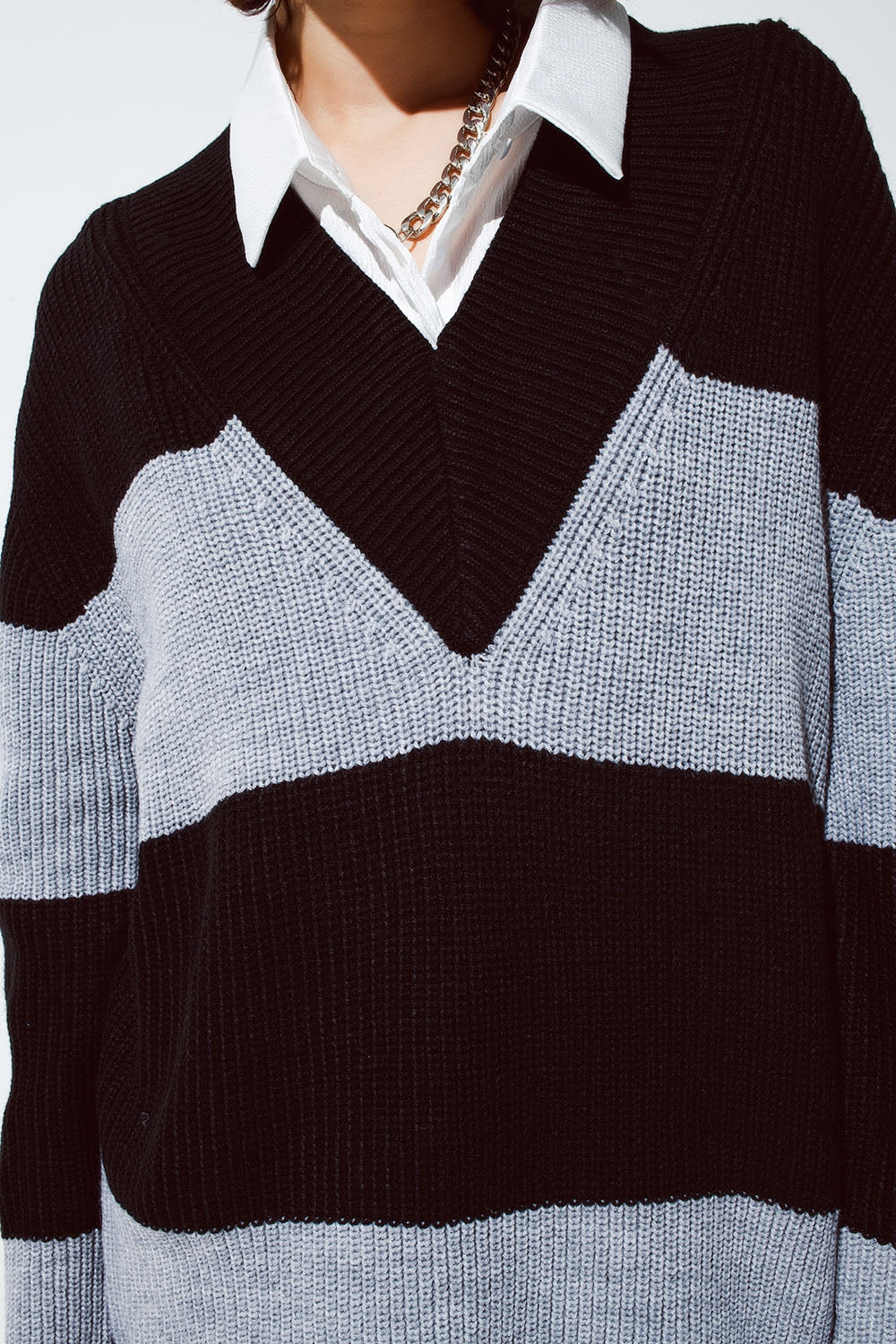 Oversized MIDI knitted dress with stripes and a wide v neck - Dresses