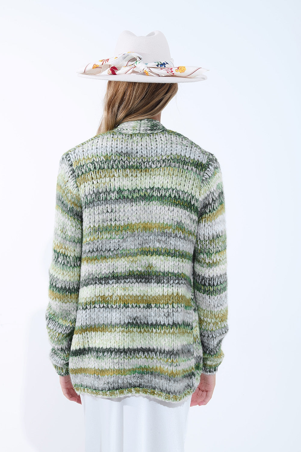 Oversized mottled striped long cardigan with pockets in Green -