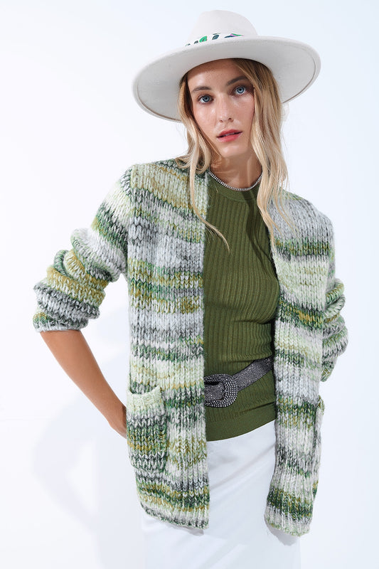 Oversized mottled striped long cardigan with pockets in Green -