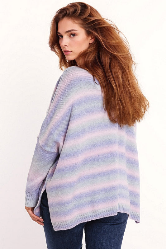 Oversized Multicolor in Shades of Purple High Neck Sweater With Side Slits - Jumpers