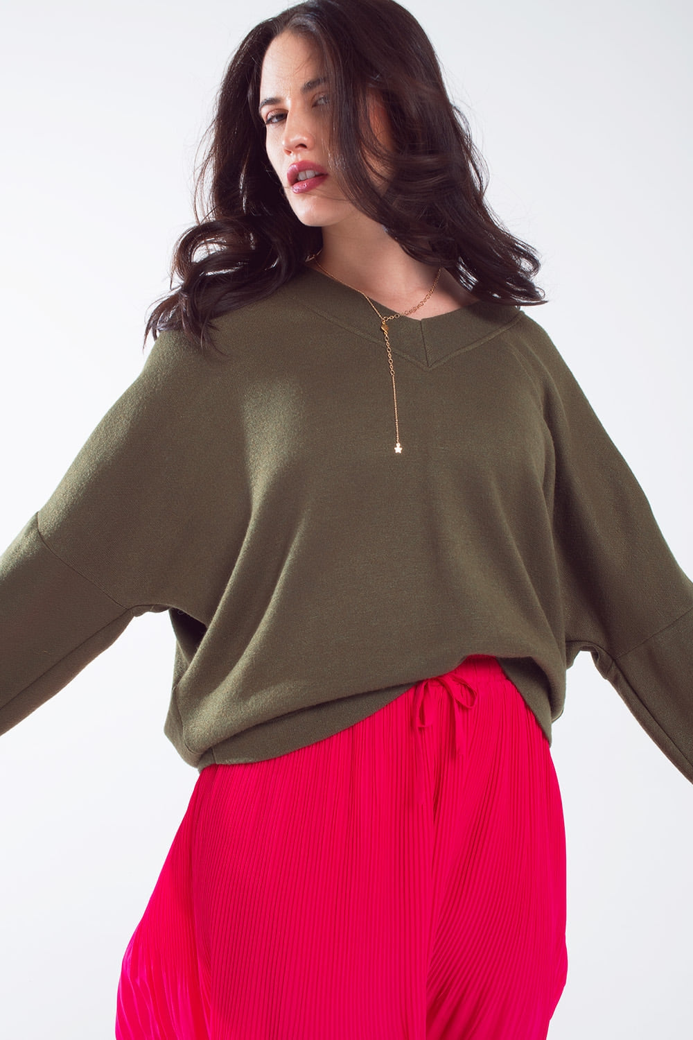 Oversized Olive Green Swearshirt wth V-Neckline - Jumpers