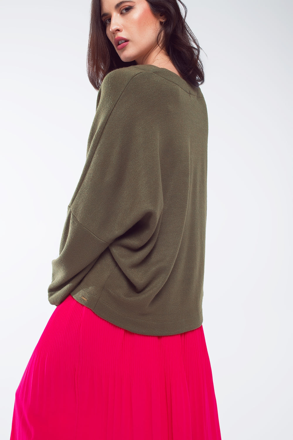 Oversized Olive Green Swearshirt wth V-Neckline - Jumpers
