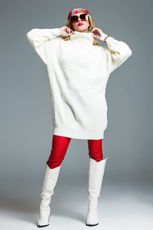Oversized Ribbed Knit dress With Turtle Neck in Cream - Dresses
