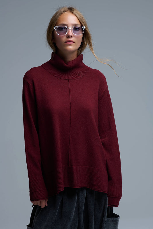 Oversized Roll Neck Sweater in Burgundy -