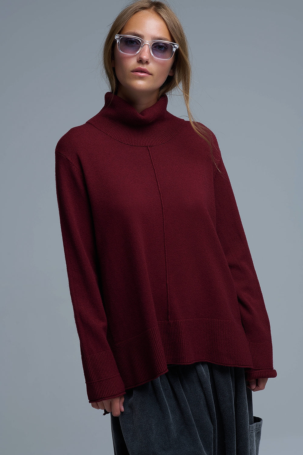 Oversized Roll Neck Sweater in Burgundy -