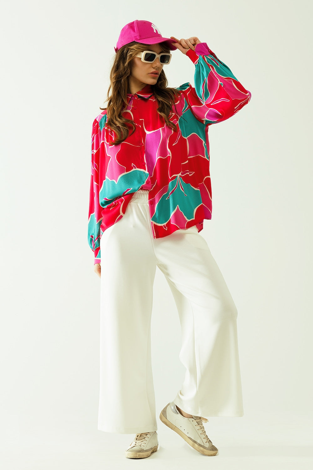 Satin Oversized shirt with floral designs and button closure - Shirts