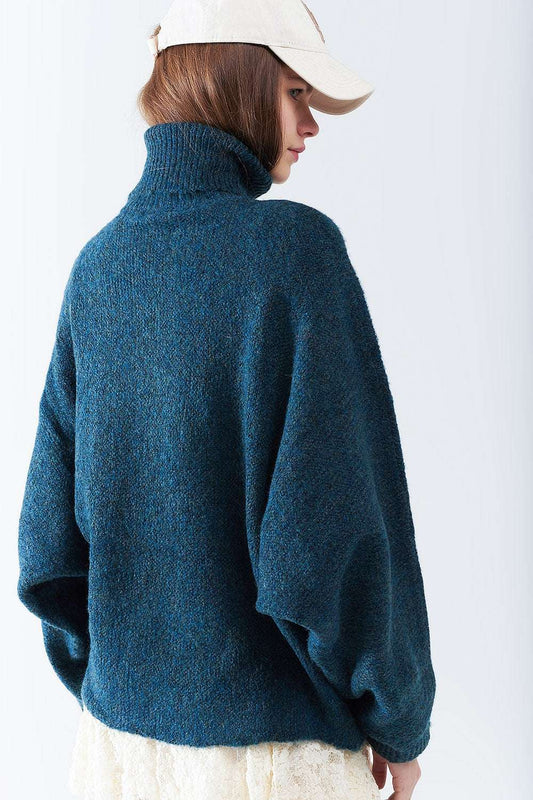 Oversized sweater in teal with a high neck and loose sleeves - Jumpers