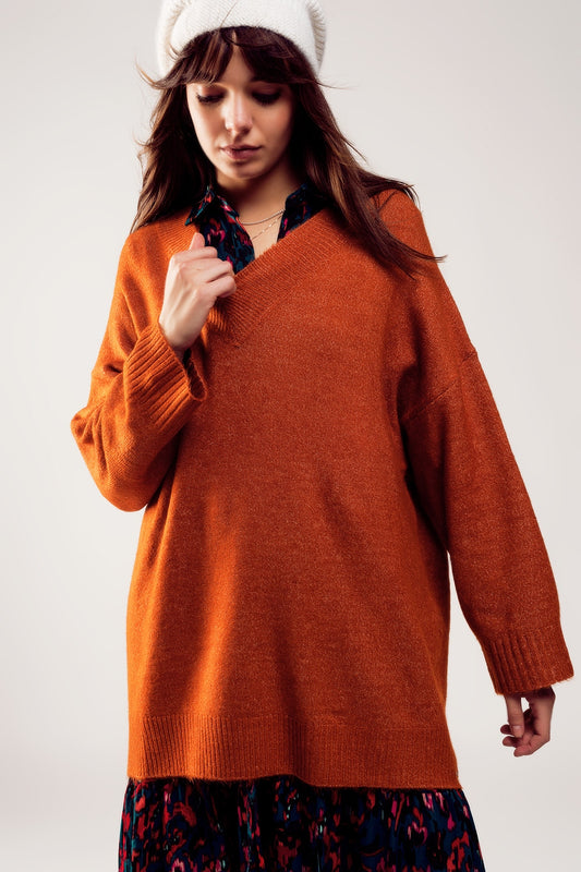 Oversized v neck sweater dress in orange - Dresses