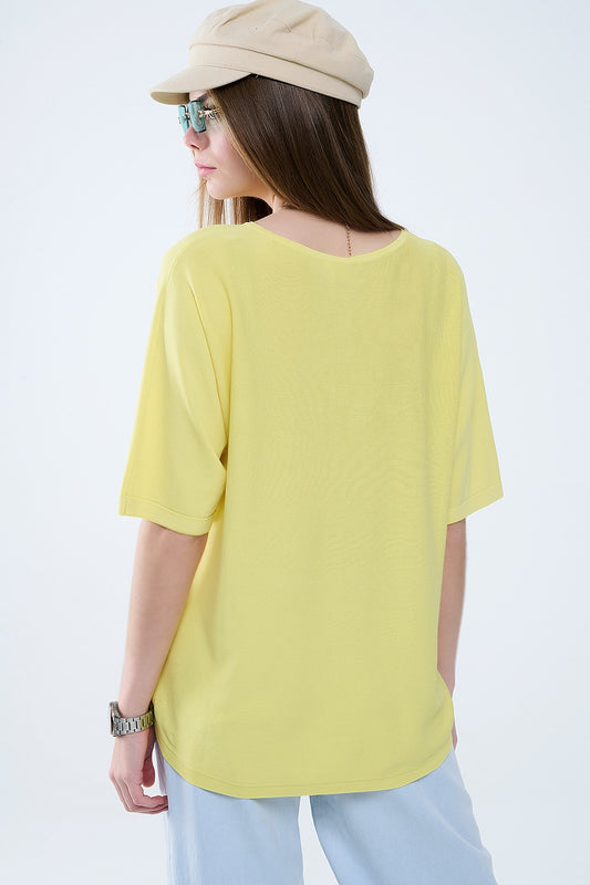 Oversized Yellow Sweater with Elbow-Length Sleeves - T-shirts