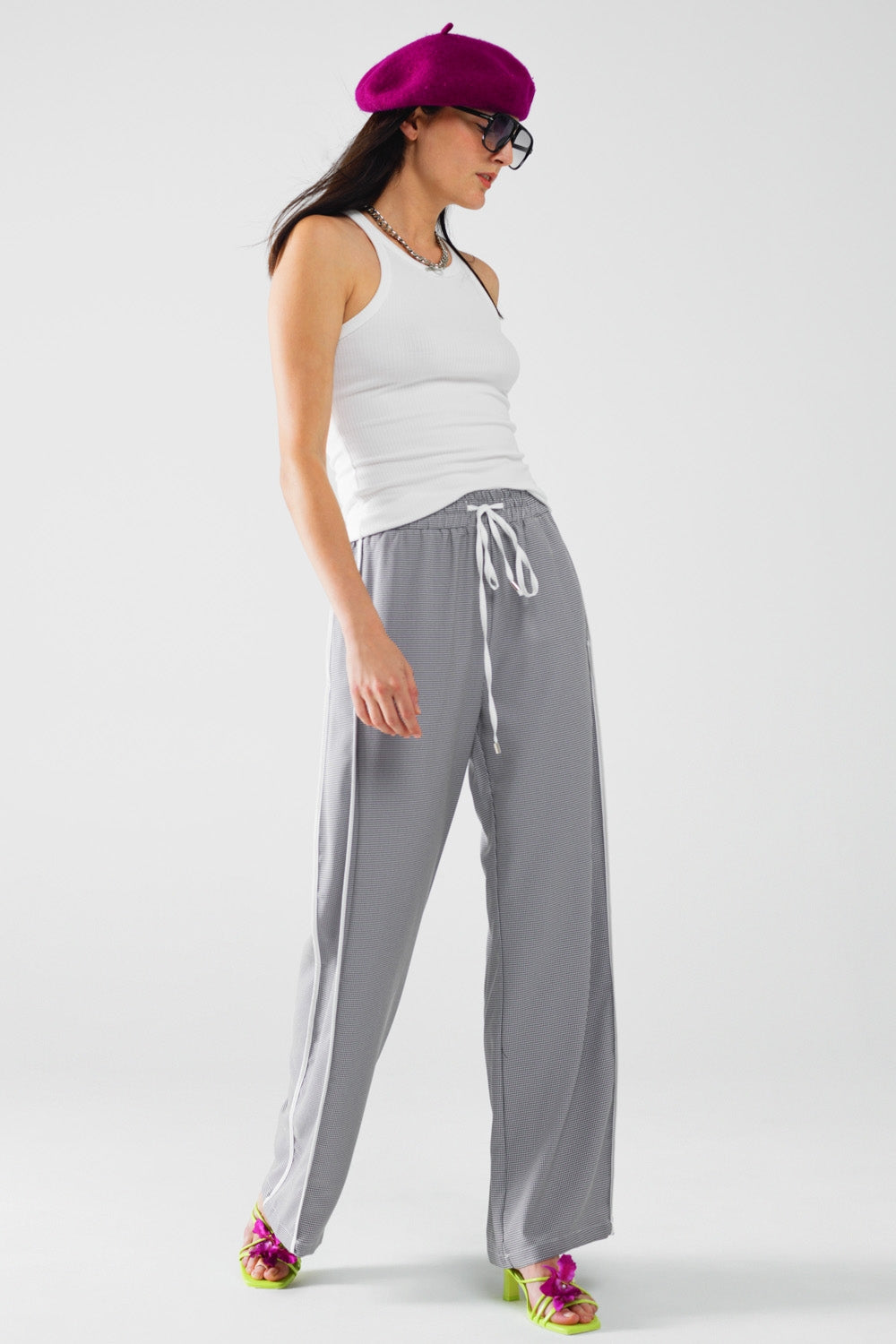 Palazzo Black and White Gingham Pants With Drawstring - Trousers